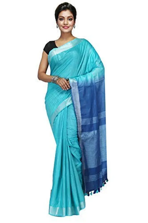 Firozy_Blue_Linen_Slub_Saree_With_Unstiched_Running_Blouse_Piece_|_Linen_Saree_For_Women