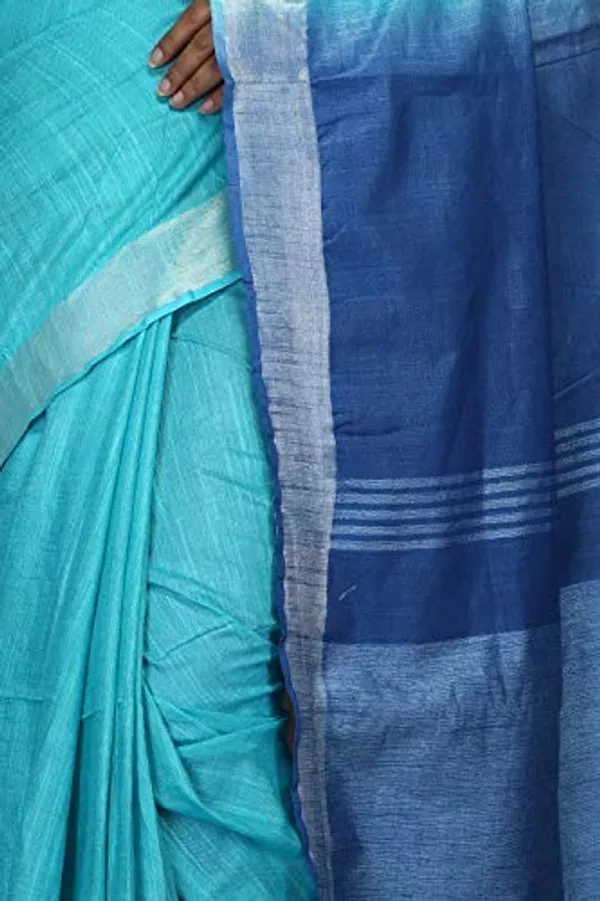 Firozy_Blue_Linen_Slub_Saree_With_Unstiched_Running_Blouse_Piece_|_Linen_Saree_For_Women