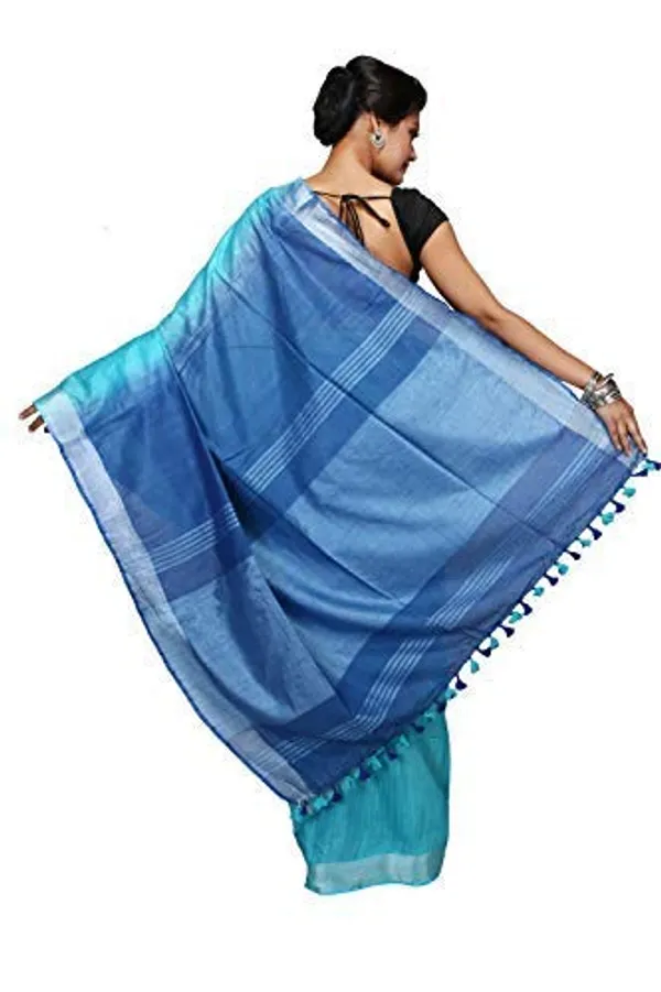 Firozy_Blue_Linen_Slub_Saree_With_Unstiched_Running_Blouse_Piece_|_Linen_Saree_For_Women