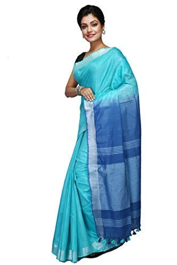 Firozy_Blue_Linen_Slub_Saree_With_Unstiched_Running_Blouse_Piece_|_Linen_Saree_For_Women