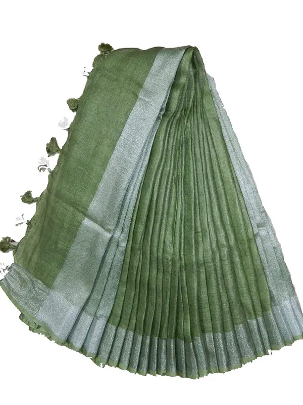 Green_Cotton_Linen_Slub_Saree_With_Unstiched_Running_Blouse_Piece_|_Linen_Slub_Saree_For_Women