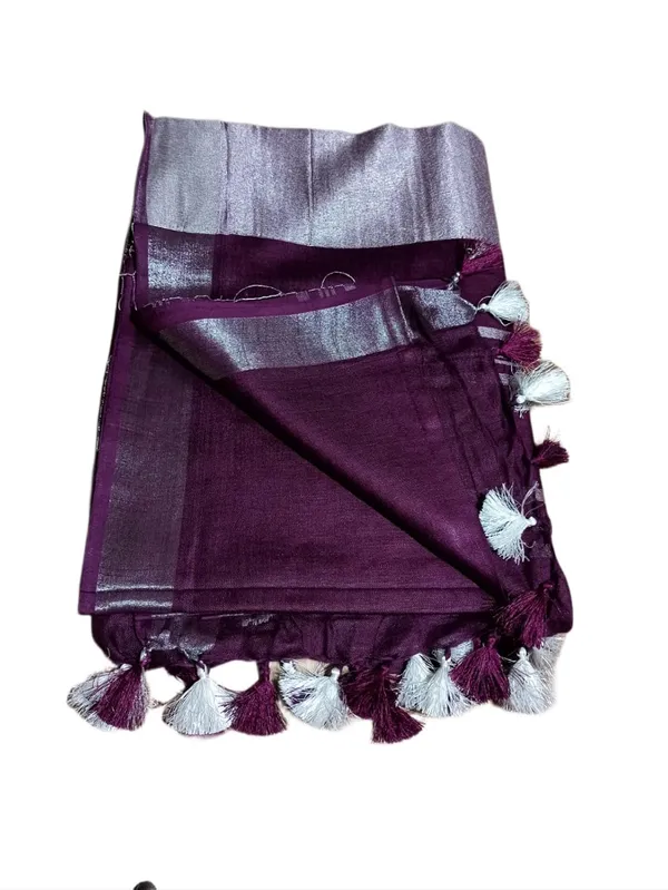 Magenta_Linen_Slub_Saree_With_Plain_Zari_Border_Running_Blouse_Piece_For_Women