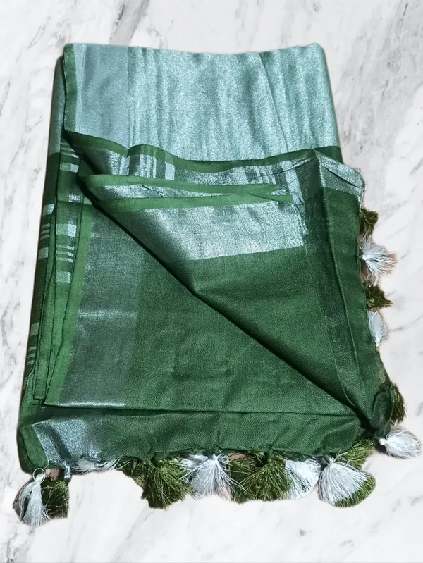 Mehendi_Linen_Slub_Saree_With_Plain_Zari_Border_Running_Blouse_Piece_For_Women