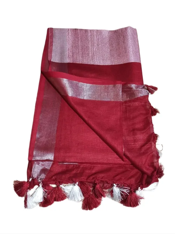 Maroon_Linen_Slub_Saree_With_Plain_Zari_Border_Running_Blouse_Piece_For_Women