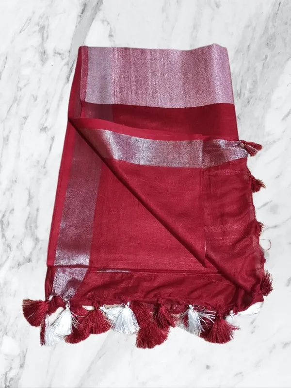 Maroon_Linen_Slub_Saree_With_Plain_Zari_Border_Running_Blouse_Piece_For_Women