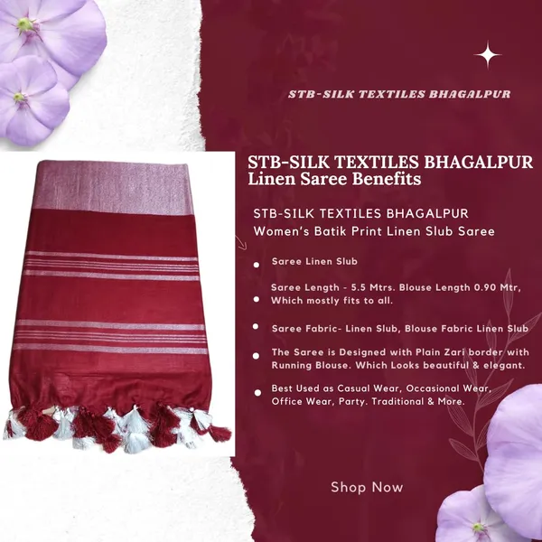 Maroon_Linen_Slub_Saree_With_Plain_Zari_Border_Running_Blouse_Piece_For_Women