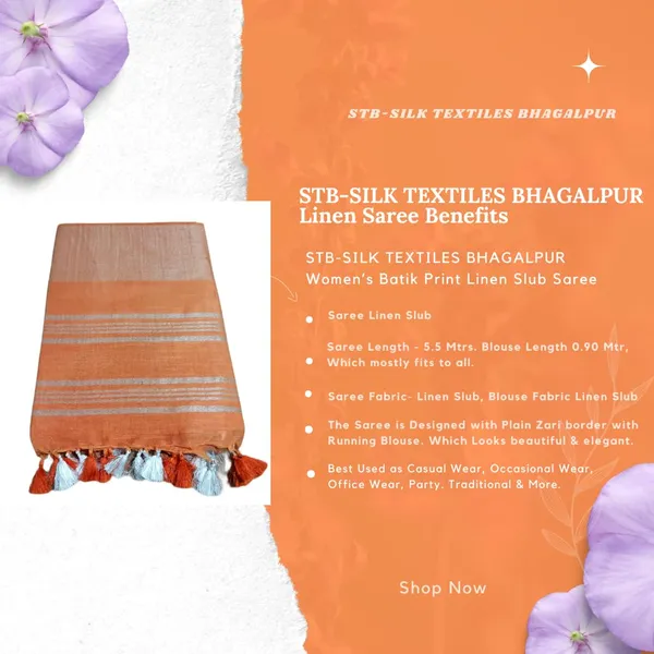Orange_Linen_Slub_Saree_With_Plain_Zari_Border_Running_Blouse_Piece_For_Women
