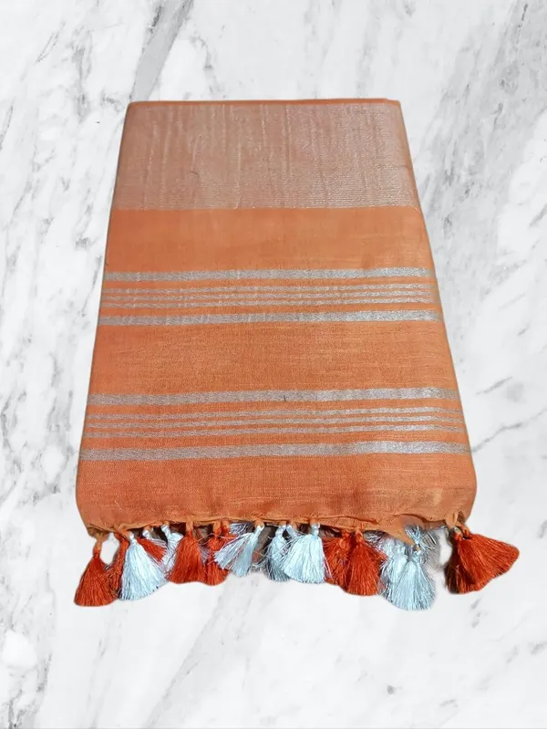 Orange_Linen_Slub_Saree_With_Plain_Zari_Border_Running_Blouse_Piece_For_Women
