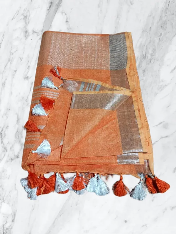 Orange_Linen_Slub_Saree_With_Plain_Zari_Border_Running_Blouse_Piece_For_Women