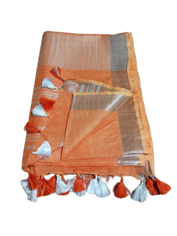 Orange_Linen_Slub_Saree_With_Plain_Zari_Border_Running_Blouse_Piece_For_Women