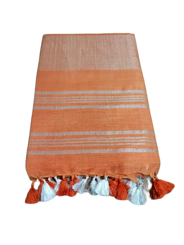 Orange_Linen_Slub_Saree_With_Plain_Zari_Border_Running_Blouse_Piece_For_Women