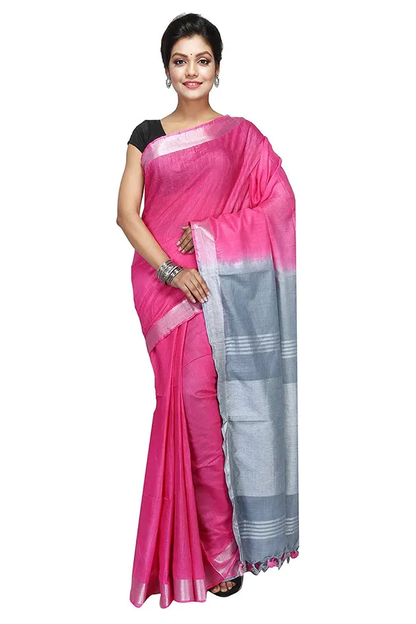 Pink_Grey_Linen_Slub_Saree_With_Unstiched_Running_Blouse_Piece_|_Linen_Saree_For_Women