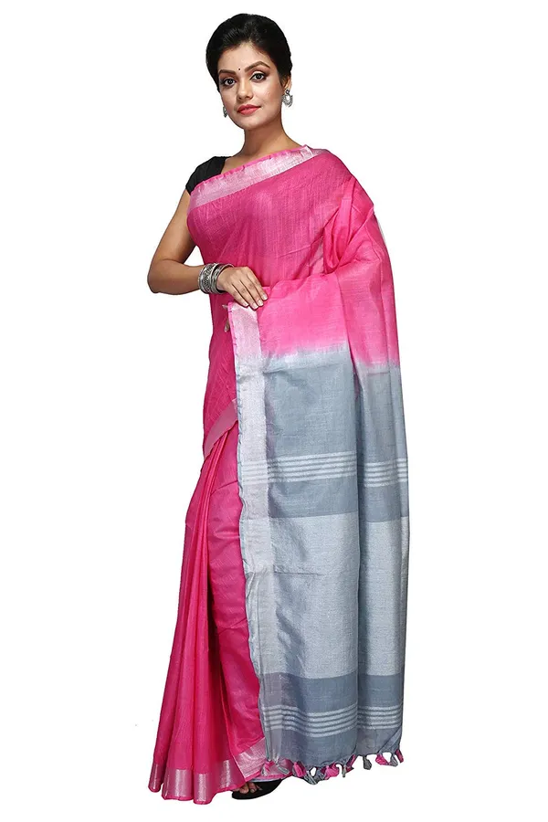 Pink_Grey_Linen_Slub_Saree_With_Unstiched_Running_Blouse_Piece_|_Linen_Saree_For_Women