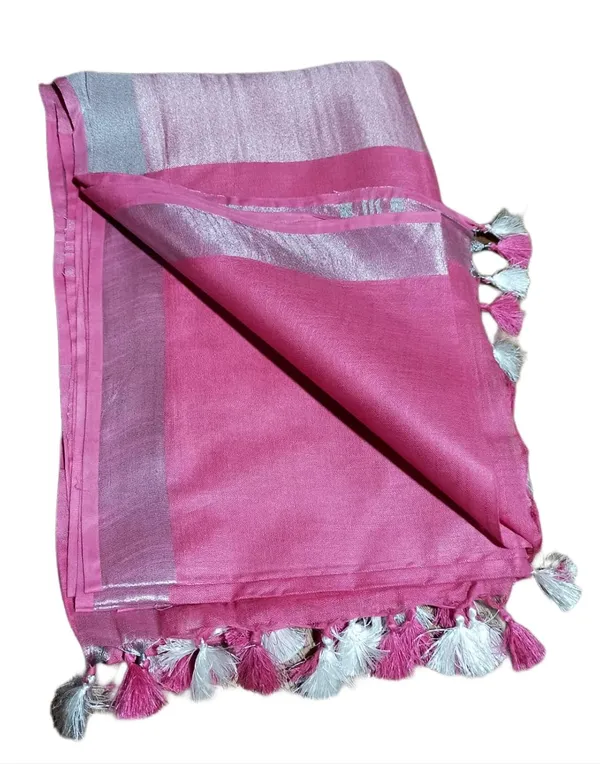 Pink_Linen_Slub_Saree_With_Plain_Zari_Border_Running_Blouse_Piece_For_Women