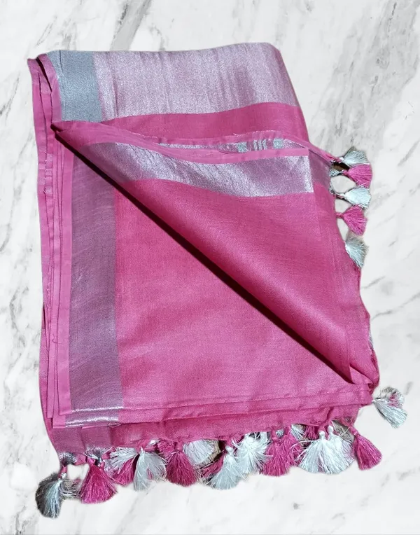 Pink_Linen_Slub_Saree_With_Plain_Zari_Border_Running_Blouse_Piece_For_Women