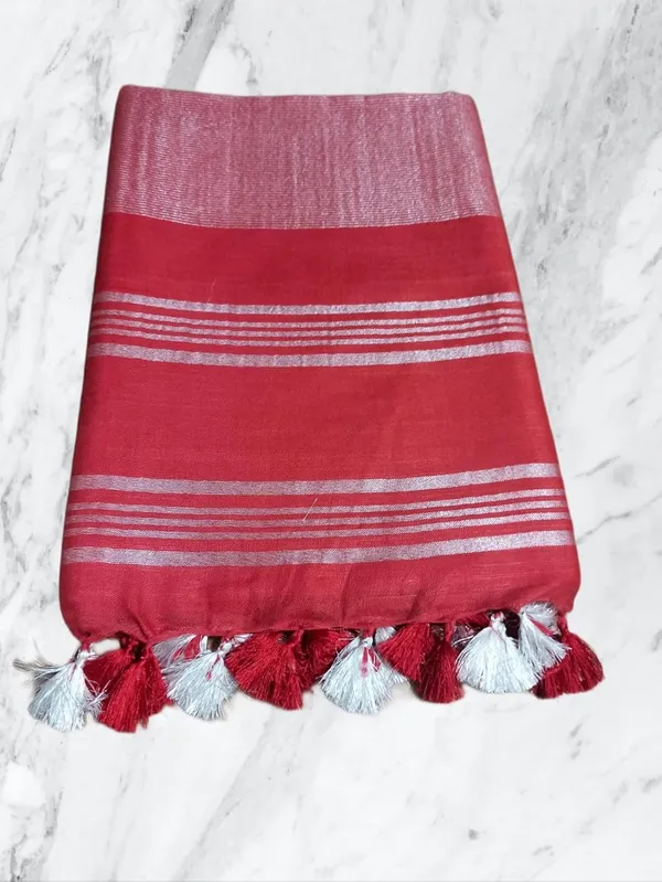 Red_Linen_Slub_Saree_With_Plain_Zari_Border_Running_Blouse_Piece_For_Women