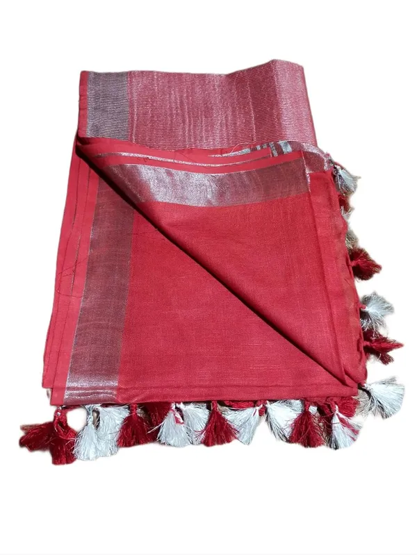 Red_Linen_Slub_Saree_With_Plain_Zari_Border_Running_Blouse_Piece_For_Women