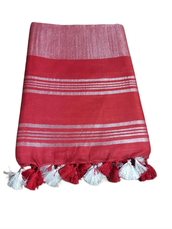 Red_Linen_Slub_Saree_With_Plain_Zari_Border_Running_Blouse_Piece_For_Women