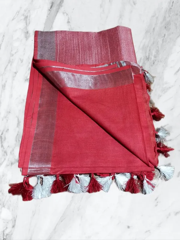 Red_Linen_Slub_Saree_With_Plain_Zari_Border_Running_Blouse_Piece_For_Women