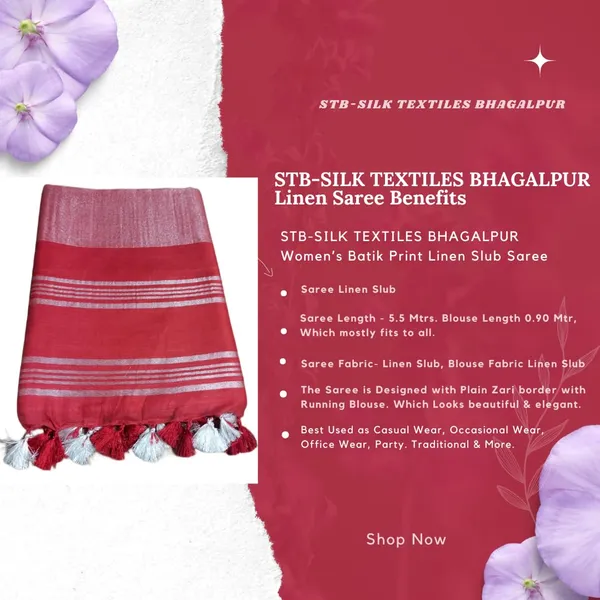 Red_Linen_Slub_Saree_With_Plain_Zari_Border_Running_Blouse_Piece_For_Women