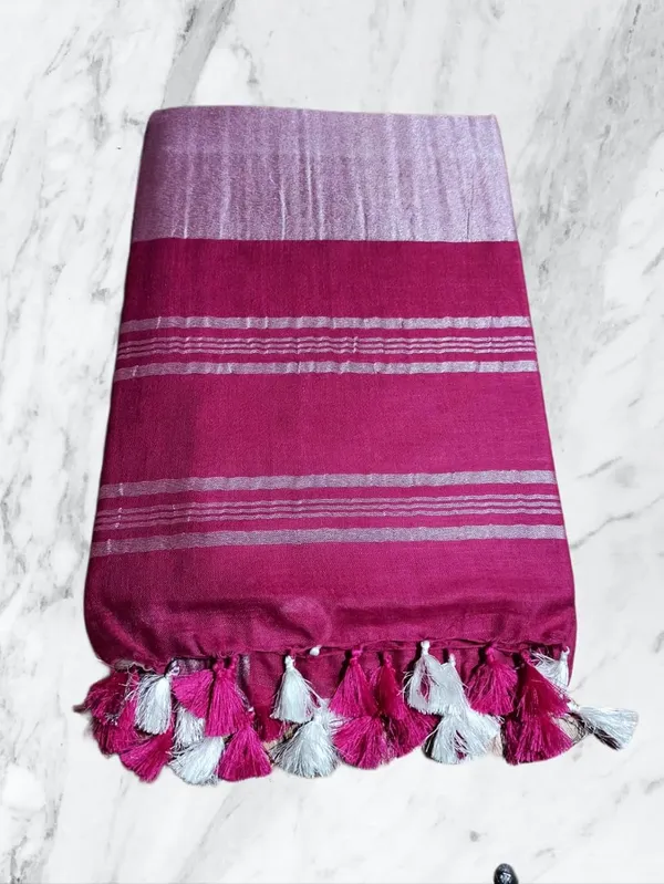 Rani_Pink_Linen_Slub_Saree_With_Plain_Zari_Border_Running_Blouse_Piece_For_Women