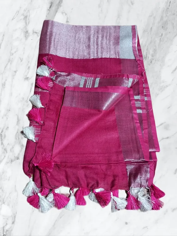 Rani_Pink_Linen_Slub_Saree_With_Plain_Zari_Border_Running_Blouse_Piece_For_Women