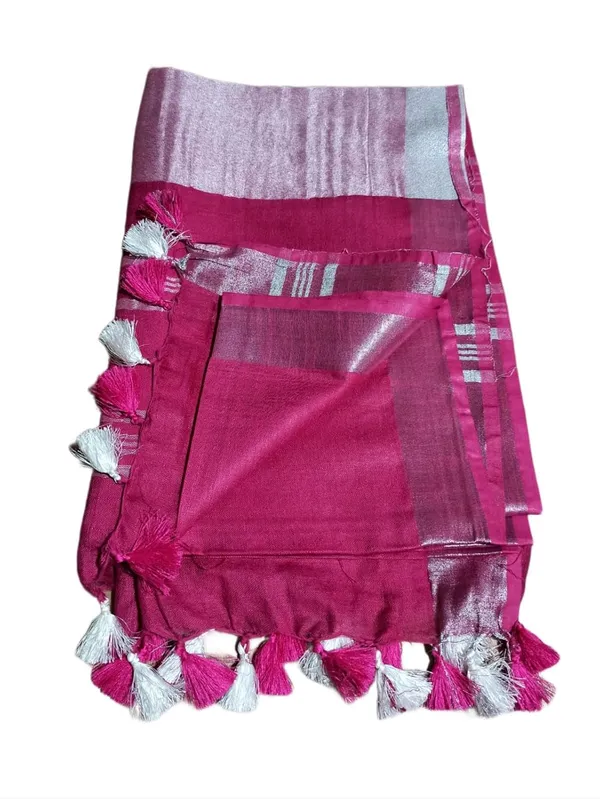 Rani_Pink_Linen_Slub_Saree_With_Plain_Zari_Border_Running_Blouse_Piece_For_Women