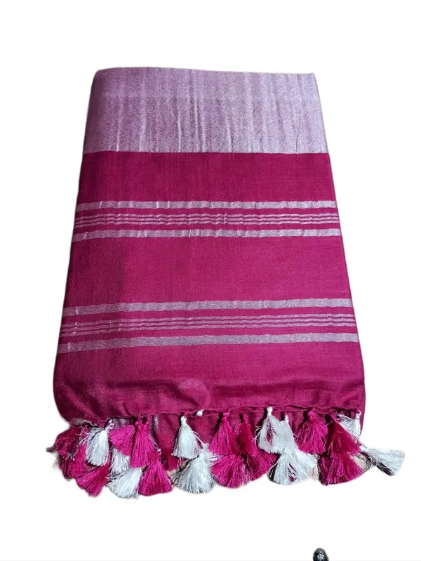 Rani_Pink_Linen_Slub_Saree_With_Plain_Zari_Border_Running_Blouse_Piece_For_Women