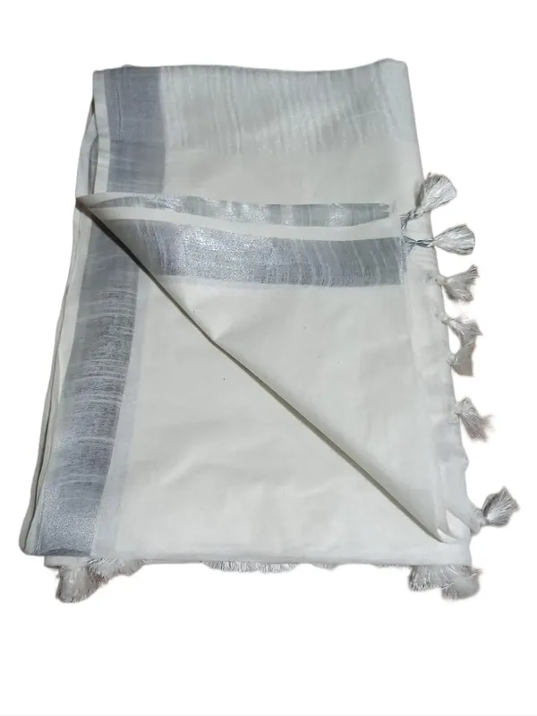 White_Linen_Slub_Saree_With_Plain_Zari_Border_Running_Blouse_Piece_For_Women