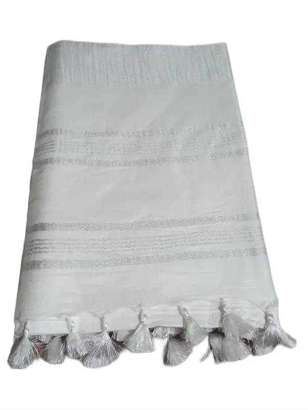 White_Linen_Slub_Saree_With_Plain_Zari_Border_Running_Blouse_Piece_For_Women