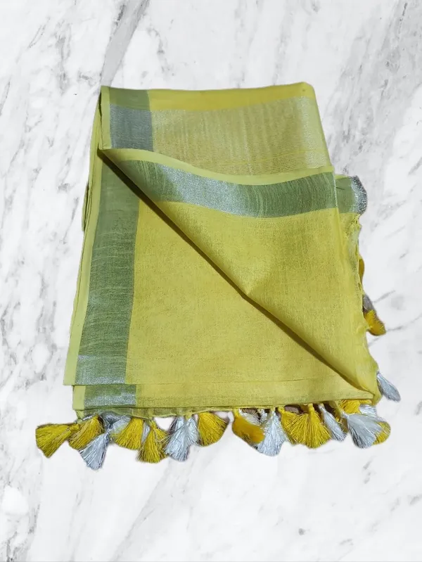 Yellow_Linen_Slub_Saree_With_Plain_Zari_Border_Running_Blouse_Piece_For_Women