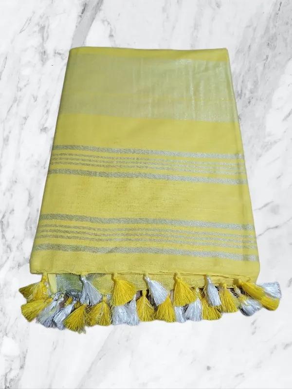 Yellow_Linen_Slub_Saree_With_Plain_Zari_Border_Running_Blouse_Piece_For_Women