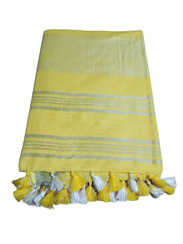 Yellow_Linen_Slub_Saree_With_Plain_Zari_Border_Running_Blouse_Piece_For_Women