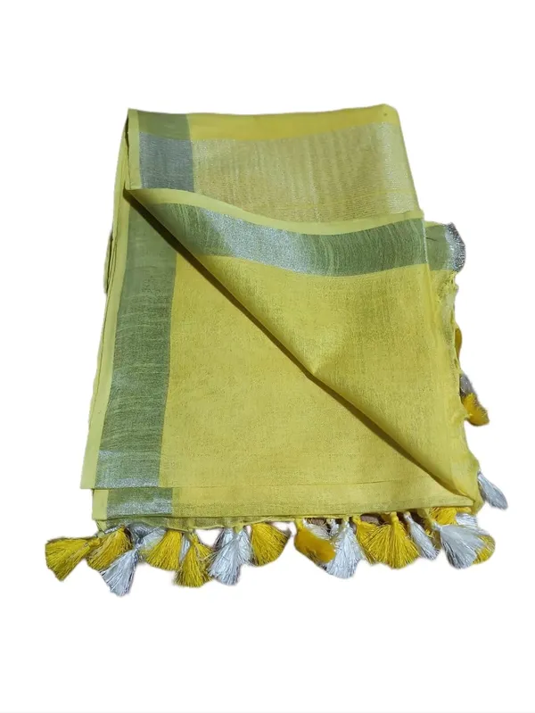 Yellow_Linen_Slub_Saree_With_Plain_Zari_Border_Running_Blouse_Piece_For_Women