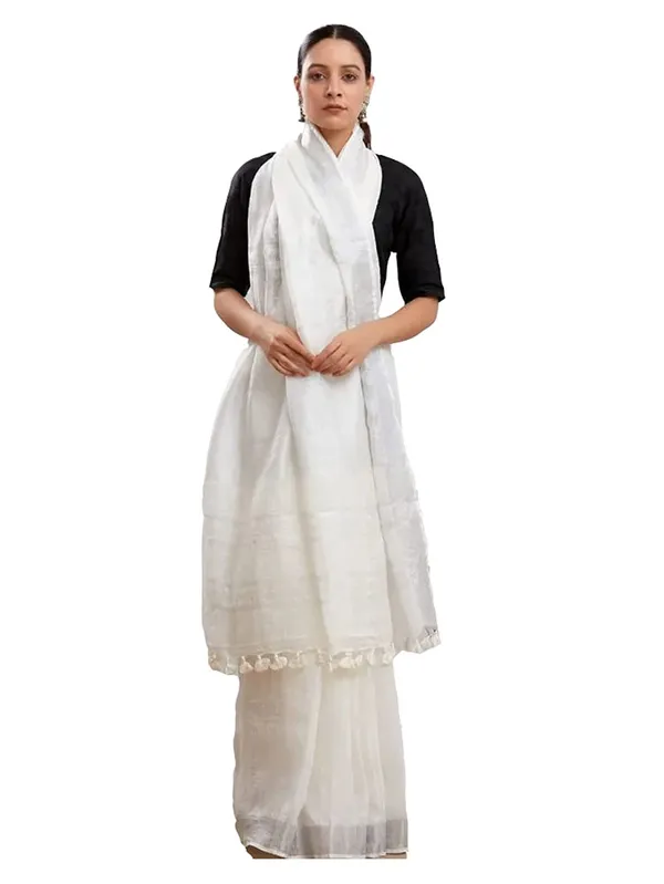 White_Silk_Icon_Linen_Snow_White_Saree_With_Plain_Zari_Border_Running_Blouse_Piece_For_Women