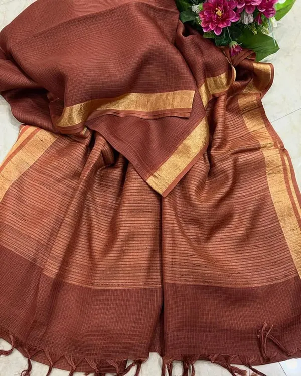 Brown_Bhagalpuri_Pure_Kota_Doria_Silk_Saree_With_Small_Zari_Boder_With_Banswara_Silk_Pallu_For_Women