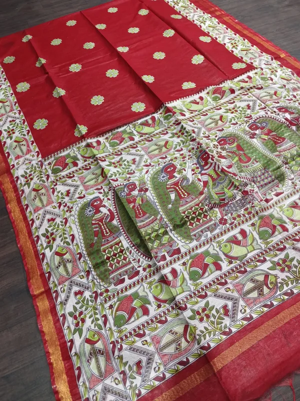 Women's_Semi_Tussar_Silk_Madhubani_Print_Saree_With_Running_Blouse_Piece
