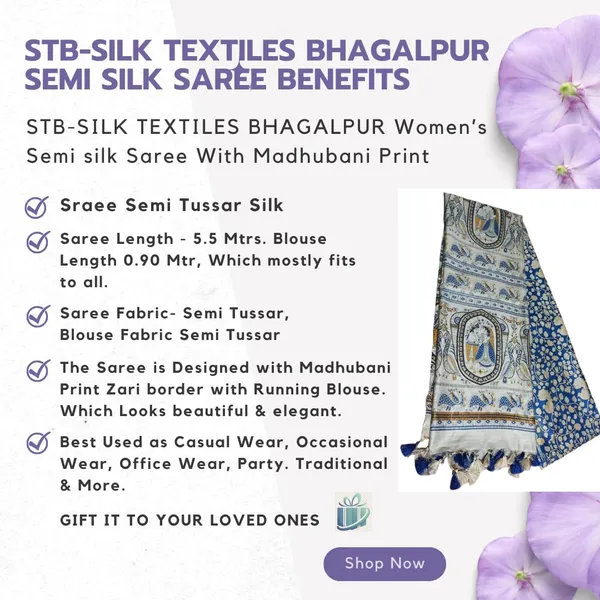 Blue_Madhubani_Print_Semi_Tussar_Soft_Silk_Saree_With_Atteched_Blouse_Piece_For_Women