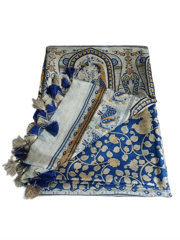 Blue_Madhubani_Print_Semi_Tussar_Soft_Silk_Saree_With_Atteched_Blouse_Piece_For_Women