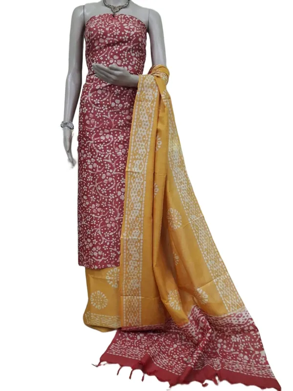 Red_Katan_Silk_Batik_Print_Unstitched_Salwar_Suit_Dress_Material_With_Duputta_For_Women