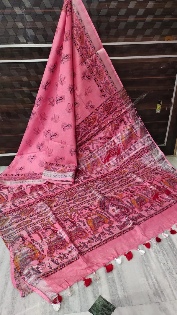 Women's_Cotton_Linen_Madhubani_Print_Saree_With_Running_Blouse_Piece