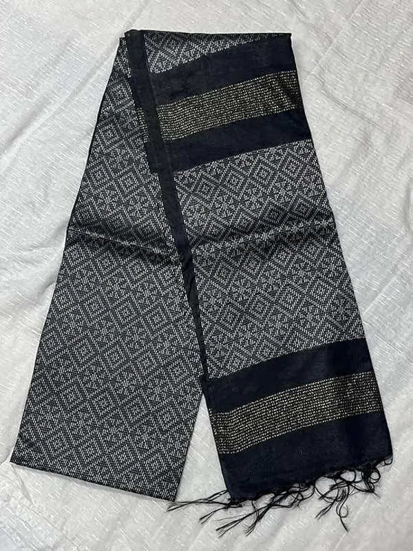 Black_Handwoven_Threads_Weaving_Semi_Tussar_Soft_Silk_Saree_With_Atteched_Blouse_Piece_For_Women