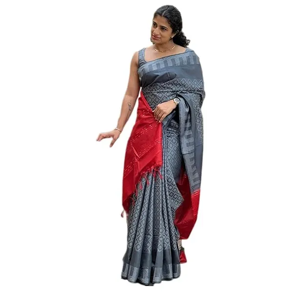 Grey_&_Red_Handwoven_Threads_Weaving_Semi_Tussar_Soft_Silk_Saree_With_Atteched_Blouse_Piece_For_Women