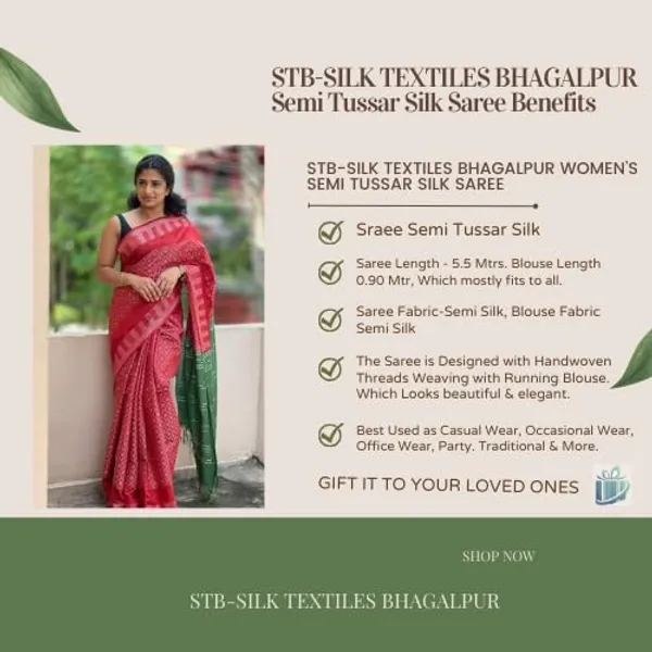 Red_&_Green_Handwoven_Threads_Weaving_Semi_Tussar_Soft_Silk_Saree_With_Atteched_Blouse_Piece_For_Women