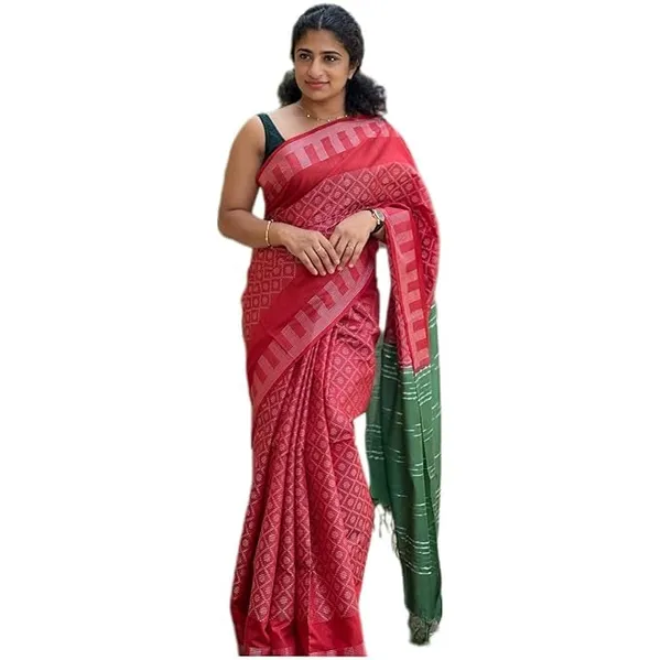 Red_&_Green_Handwoven_Threads_Weaving_Semi_Tussar_Soft_Silk_Saree_With_Atteched_Blouse_Piece_For_Women