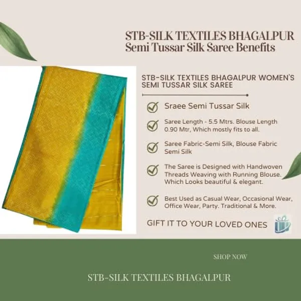 Yellow_&_Firozy_Handwoven_Threads_Weaving_Semi_Tussar_Soft_Silk_Saree_With_Atteched_Blouse_Piece_For_Women