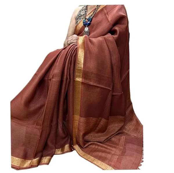 Brown_Bhagalpuri_Pure_Kota_Doria_Silk_Saree_With_Small_Zari_Boder_With_Banswara_Silk_Pallu_For_Women