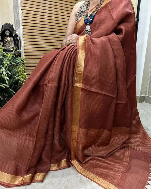 Brown_Bhagalpuri_Pure_Kota_Doria_Silk_Saree_With_Small_Zari_Boder_With_Banswara_Silk_Pallu_For_Women