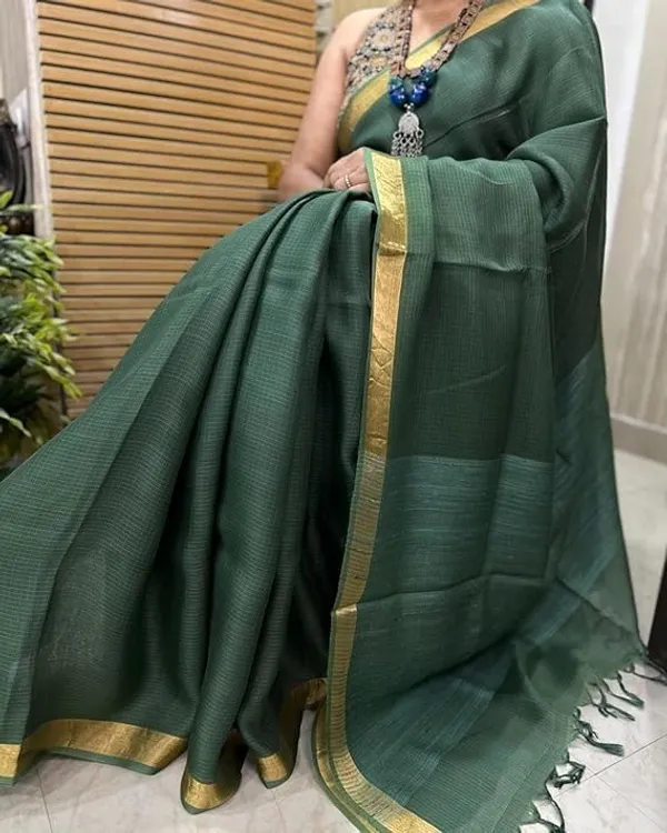 Green_Bhagalpuri_Pure_Kota_Doria_Silk_Saree_With_Small_Zari_Boder_With_Banswara_Silk_Pallu_For_Women