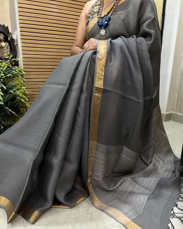 Grey_Bhagalpuri_Pure_Kota_Doria_Silk_Saree_With_Small_Zari_Boder_With_Banswara_Silk_Pallu_For_Women